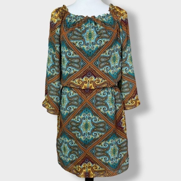 Charming Charlie Geo Boho On/Off Shoulder Jacquard 3/4 Sleeve Mini Dress Size S - Picture 1 of 4